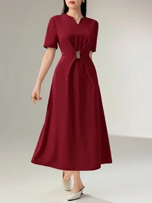 Heiryn Women's Solid Color V-Neck Short Sleeve Waist Metal Decor Elegant Dress Office Dinner Burgundy Summer - Burgundy - View 6