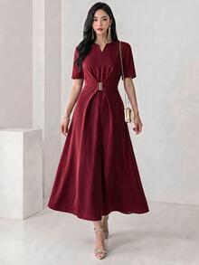 Heiryn Women's Solid Color V-Neck Short Sleeve Waist Metal Decor Elegant Dress Office Dinner Burgundy Summer - Burgundy - View 3
