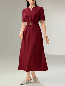 Heiryn Women's Solid Color V-Neck Short Sleeve Waist Metal Decor Elegant Dress Office Dinner Burgundy Summer - Burgundy - View 9