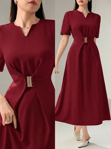 Heiryn Women's Solid Color V-Neck Short Sleeve Waist Metal Decor Elegant Dress Office Dinner Burgundy Summer - Burgundy - View 2