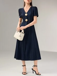 Heiryn Đầm nữ mùa hè màu xanh navy phong cách vintage Pháp thanh lịch, cổ chữ V tôn dáng, đi làm công sở và đi brunch, phong cách cao cấp hơi hướng cowboy - Màu xanh hải quân - Xem 6