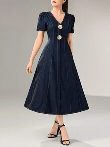 Heiryn Đầm nữ mùa hè màu xanh navy phong cách vintage Pháp thanh lịch, cổ chữ V tôn dáng, đi làm công sở và đi brunch, phong cách cao cấp hơi hướng cowboy - Màu xanh hải quân - Xem 8