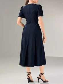 Heiryn Đầm nữ mùa hè màu xanh navy phong cách vintage Pháp thanh lịch, cổ chữ V tôn dáng, đi làm công sở và đi brunch, phong cách cao cấp hơi hướng cowboy - Màu xanh hải quân - Xem 9