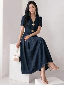 Heiryn Đầm nữ mùa hè màu xanh navy phong cách vintage Pháp thanh lịch, cổ chữ V tôn dáng, đi làm công sở và đi brunch, phong cách cao cấp hơi hướng cowboy - Màu xanh hải quân - Xem 2