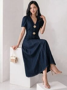 Heiryn Đầm nữ mùa hè màu xanh navy phong cách vintage Pháp thanh lịch, cổ chữ V tôn dáng, đi làm công sở và đi brunch, phong cách cao cấp hơi hướng cowboy - Màu xanh hải quân - Xem 3