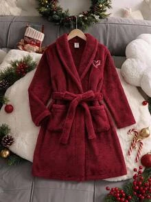 SHEIN Tween女孩簡單刺繡毛絨內裡加厚休閒居家服 秋冬兒童款 - 酒紅色 - 查看 1