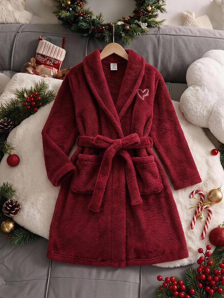 SHEIN Tween女孩簡單刺繡毛絨內裡加厚休閒居家服 秋冬兒童款 - 酒紅色 - 查看 1