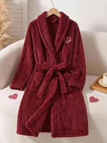 SHEIN Tween女孩簡單刺繡毛絨內裡加厚休閒居家服 秋冬兒童款 - 酒紅色 - 查看 13