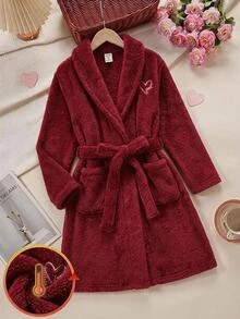 SHEIN Tween女孩簡單刺繡毛絨內裡加厚休閒居家服 秋冬兒童款 - 酒紅色 - 查看 8