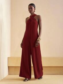 Zivah Women's Elegant Burgundy Summer Vacation Jumpsuit,Casual Loose-Fitting Cross Halter Neck Wide-Leg Long Pant Romper For Wedding Guest,Party,Commuting - Redwood - View 6