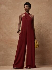 Zivah Women's Elegant Burgundy Summer Vacation Jumpsuit,Casual Loose-Fitting Cross Halter Neck Wide-Leg Long Pant Romper For Wedding Guest,Party,Commuting - Redwood - View 11