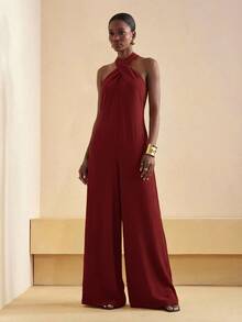 Zivah Women's Elegant Burgundy Summer Vacation Jumpsuit,Casual Loose-Fitting Cross Halter Neck Wide-Leg Long Pant Romper For Wedding Guest,Party,Commuting - Redwood - View 7