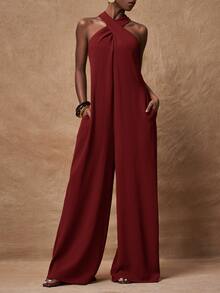 Zivah Women's Elegant Burgundy Summer Vacation Jumpsuit,Casual Loose-Fitting Cross Halter Neck Wide-Leg Long Pant Romper For Wedding Guest,Party,Commuting - Redwood - View 8