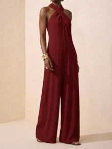 Zivah Women's Elegant Burgundy Summer Vacation Jumpsuit,Casual Loose-Fitting Cross Halter Neck Wide-Leg Long Pant Romper For Wedding Guest,Party,Commuting - Redwood - View 3