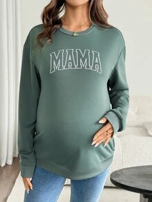 SHEIN 孕婦字母印花哺乳功能長袖運動衫 秋季女款家居服 嬰兒洗禮會 鼠尾草綠 休閒寬鬆版型 - 綠色 - 查看 4