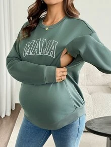 SHEIN 孕婦字母印花哺乳功能長袖運動衫 秋季女款家居服 嬰兒洗禮會 鼠尾草綠 休閒寬鬆版型 - 綠色 - 查看 2
