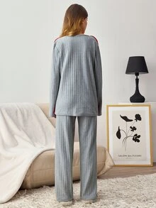 SHEIN Women Hot Air Balloon Applique Plush Panel Ribbed Long Sleeve Top And Matching Pants 2 Pieces Casual Pajama Set - Red - View 2