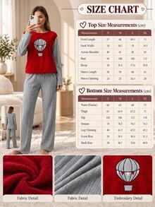 SHEIN Women Hot Air Balloon Applique Plush Panel Ribbed Long Sleeve Top And Matching Pants 2 Pieces Casual Pajama Set - Red - View 5