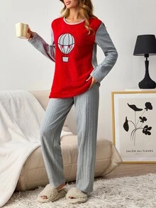SHEIN Women Hot Air Balloon Applique Plush Panel Ribbed Long Sleeve Top And Matching Pants 2 Pieces Casual Pajama Set - Red - View 4