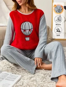 SHEIN Women Hot Air Balloon Applique Plush Panel Ribbed Long Sleeve Top And Matching Pants 2 Pieces Casual Pajama Set - Red - View 7