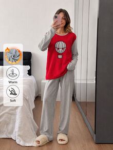 SHEIN Women Hot Air Balloon Applique Plush Panel Ribbed Long Sleeve Top And Matching Pants 2 Pieces Casual Pajama Set - Red - View 1