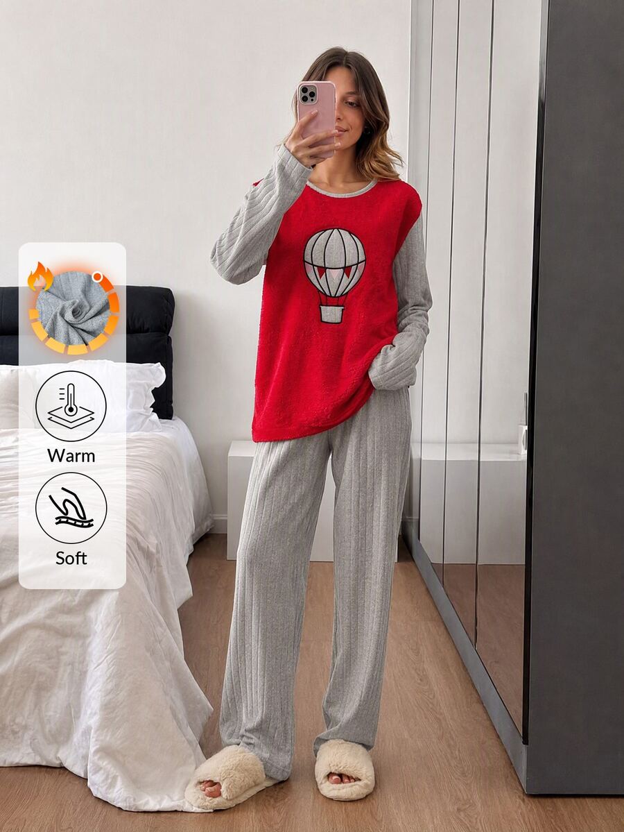 SHEIN Women Hot Air Balloon Applique Plush Panel Ribbed Long Sleeve Top And Matching Pants 2 Pieces Casual Pajama Set - Red - View 1