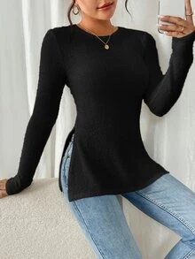 SHEIN Frenchy Women Solid Color Round Neck Long Sleeve Side Slit Hem Casual T-Shirt, Autumn Winter Black Spring - Black - View 5
