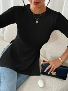 SHEIN Frenchy Women Solid Color Round Neck Long Sleeve Side Slit Hem Casual T-Shirt, Autumn Winter Black Spring - Black - View 4
