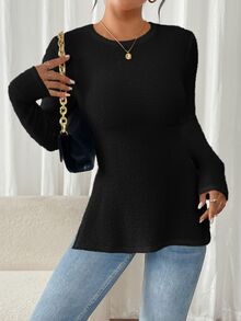 SHEIN Frenchy Women Solid Color Round Neck Long Sleeve Side Slit Hem Casual T-Shirt, Autumn Winter Black Spring - Black - View 6