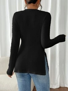 SHEIN Frenchy Women Solid Color Round Neck Long Sleeve Side Slit Hem Casual T-Shirt, Autumn Winter Black Spring - Black - View 3