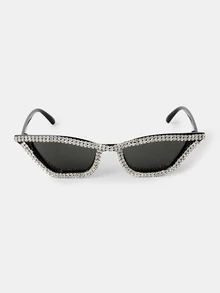 Aravennia 1pc Handmade Rhinestone-Set Cat Eye Shaped Ladies' Fashion Glasses - Black Frame Gray Film - View 2