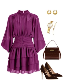 Lavishia Batwing Sleeve Ruffle Romantic Elegant Dress, Suitable For Dates Bar Party Day Party Garden Party Rave And Occasions Purple Autumn - Red Violet - View 8
