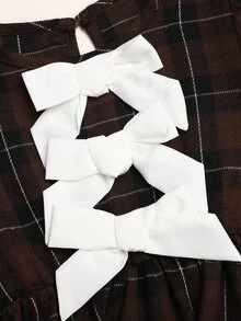 SHEIN 女童格紋蝴蝶結裝飾休閒日常夏季洋裝 - 棕色 - 查看 5