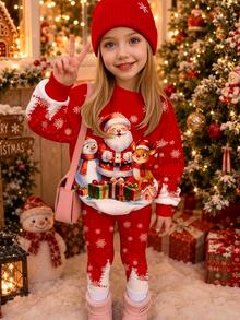 女童休閒聖誕節可愛卡通聖誕老人、馴鹿、雪人圖案漸層雪花節慶紅圓領保暖內裡長袖衛衣與內搭褲兩件套，適合秋冬精靈風，舒適好穿 - 彩色 - 查看 2
