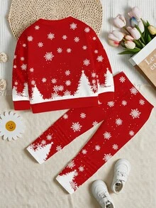 女童休閒聖誕節可愛卡通聖誕老人、馴鹿、雪人圖案漸層雪花節慶紅圓領保暖內裡長袖衛衣與內搭褲兩件套，適合秋冬精靈風，舒適好穿 - 彩色 - 查看 4