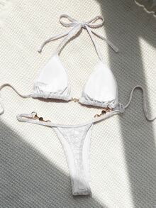 SHEIN Swim 鏈條鏈接掛脖三角杯比基尼泳裝 - 白色 - 查看 3