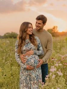 Boho Mama Fall Maternity Paisley Print Bohemian Low-Waist Dress With Side Ruching,Vacation,Maternity Dresses Photoshoot - Multicolor - View 1