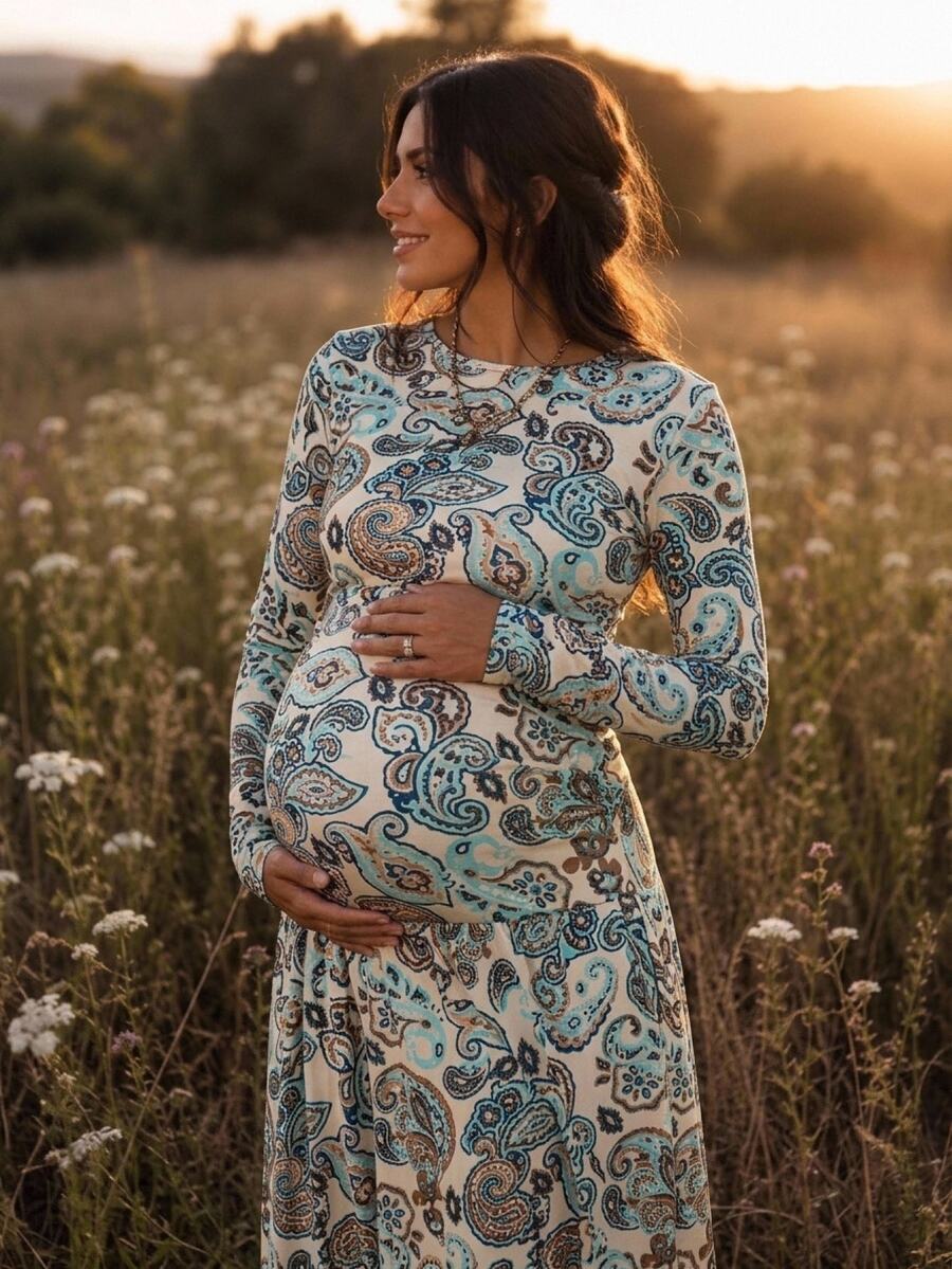 Boho Mama 秋季孕婦波西米亞佩斯利印花低腰側褶皺洋裝,度假拍照孕婦裙 - 彩色 - 查看 1