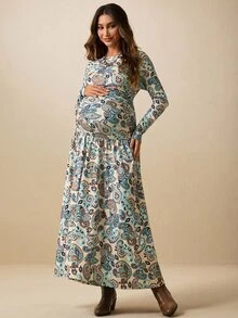 Boho Mama Fall Maternity Paisley Print Bohemian Low-Waist Dress With Side Ruching,Vacation,Maternity Dresses Photoshoot - Multicolor - View 6