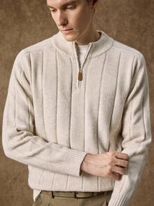 Manfinity Homme 男士半立領拉鍊長袖套頭毛衣，休閒針織秋冬服飾，燕麥色寬鬆通勤穿搭，簡約百搭羅紋立領套頭毛衣 - 米色 - 查看 4