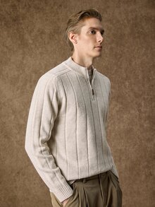 Manfinity Homme 男士半立領拉鍊長袖套頭毛衣，休閒針織秋冬服飾，燕麥色寬鬆通勤穿搭，簡約百搭羅紋立領套頭毛衣 - 米色 - 查看 6
