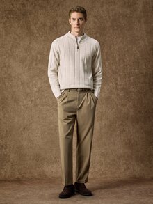 Manfinity Homme 男士半立領拉鍊長袖套頭毛衣，休閒針織秋冬服飾，燕麥色寬鬆通勤穿搭，簡約百搭羅紋立領套頭毛衣 - 米色 - 查看 5