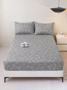 1pc Gray Floral Pattern Fitted Sheet, Mattress Protector, Mattress Cover, Fitted Sheet, Soft And Breathable, - Twin, Full, Queen, King, Deep Pocket Design Up To 11.8 Inches, Breathable And Wrinkle-Resistant, Machine Washable. Suitable For Back To School Dorm Use - Grey - View 9
