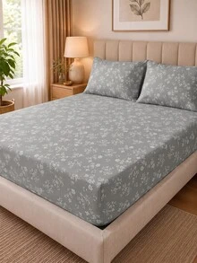 1pc Gray Floral Pattern Fitted Sheet, Mattress Protector, Mattress Cover, Fitted Sheet, Soft And Breathable, - Twin, Full, Queen, King, Deep Pocket Design Up To 11.8 Inches, Breathable And Wrinkle-Resistant, Machine Washable. Suitable For Back To School Dorm Use - Grey - View 2