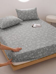 1pc Gray Floral Pattern Fitted Sheet, Mattress Protector, Mattress Cover, Fitted Sheet, Soft And Breathable, - Twin, Full, Queen, King, Deep Pocket Design Up To 11.8 Inches, Breathable And Wrinkle-Resistant, Machine Washable. Suitable For Back To School Dorm Use - Grey - View 8