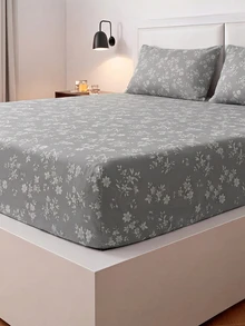 1pc Gray Floral Pattern Fitted Sheet, Mattress Protector, Mattress Cover, Fitted Sheet, Soft And Breathable, - Twin, Full, Queen, King, Deep Pocket Design Up To 11.8 Inches, Breathable And Wrinkle-Resistant, Machine Washable. Suitable For Back To School Dorm Use - Grey - View 7