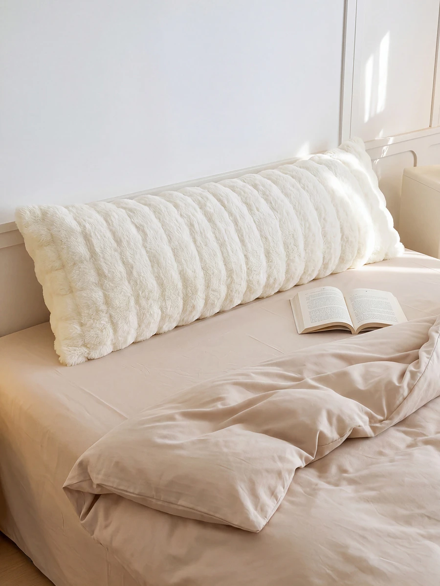 1pc White Plush Long Pillowcase, Minimalist Fashion Modern Style Polyester Single Pillowcase, Warm And Comfortable For Autumn/Winter - White - View 1