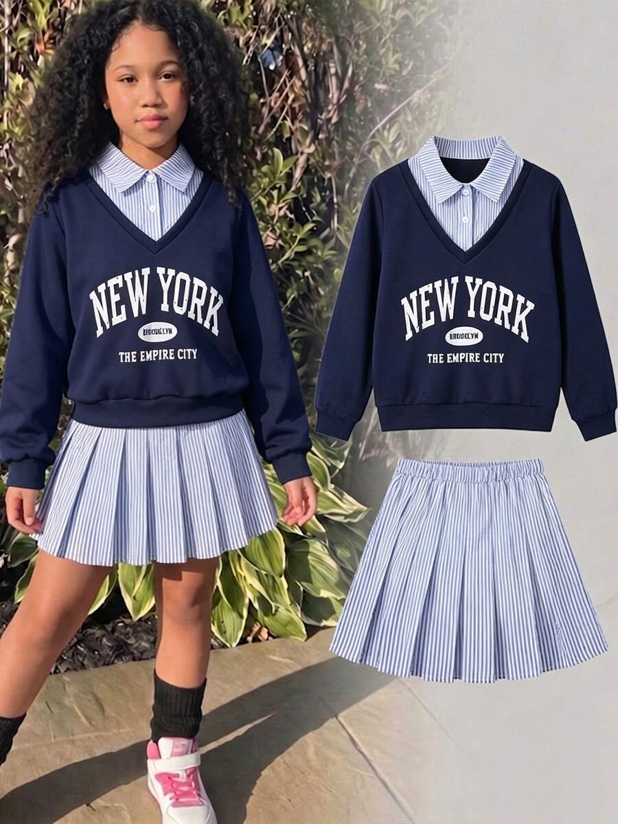 Genkimix Kids 女童 80 年代可愛學院風夏季蝴蝶結條紋落肩長袖運動衫 + 百褶裙 2 件套 校園海軍藍白色 - 彩色 - 查看 1