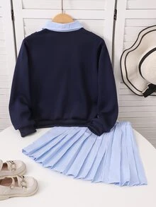 Genkimix Kids 女童 80 年代可愛學院風夏季蝴蝶結條紋落肩長袖運動衫 + 百褶裙 2 件套 校園海軍藍白色 - 彩色 - 查看 2