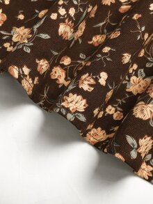 SHEIN فستان بناتي للفتيات المراهقات خريف/شتاء من الكوردروي بنقشة زهور مع كشكشة وخصر مطاطي بتصميم A-Line للأطفال - بني - مشاهدة 9